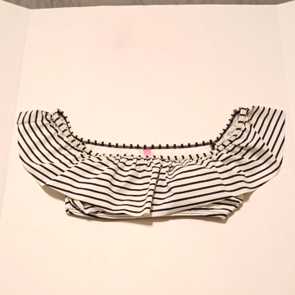 Victoria Secret White Black Pinstripe Bandeau Flounce Bikini Top Padded Sz XS